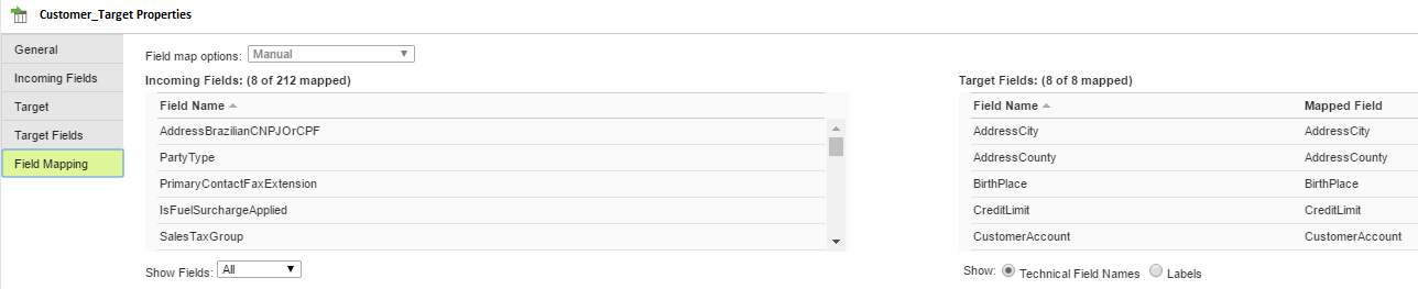 The image shows the mapped fields of Microsoft Dynamics 365 for Operations source with the flat file target object: