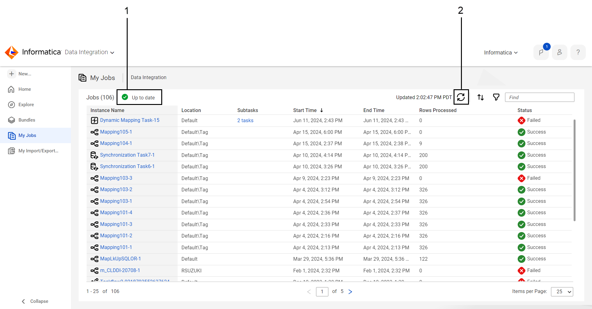 In this image, the My Jobs page lists the Data Integration jobs that were started by the currently logged in user. By default, the page lists the instance name, location, subtasks, start time, end time, number of rows processed, and status for each job. The status message at the top of the page indicates that the information on the page is up-to-date.