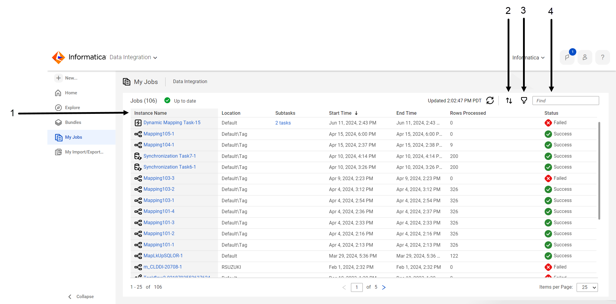 By default, the My Jobs page shows the instance name, subtasks, start time, end time, rows processed, and status for all jobs. You can add other columns, rearrange columns, and sort and filter the jobs on this page.