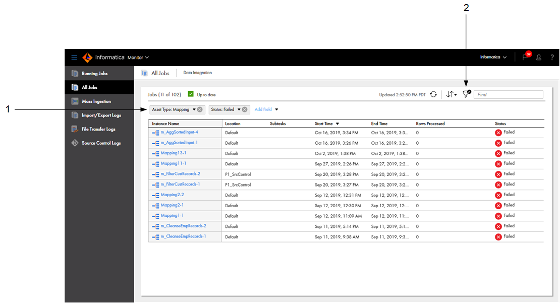 In this image, the “Asset Type” and “Status” filters have been applied to show only failed mappings.