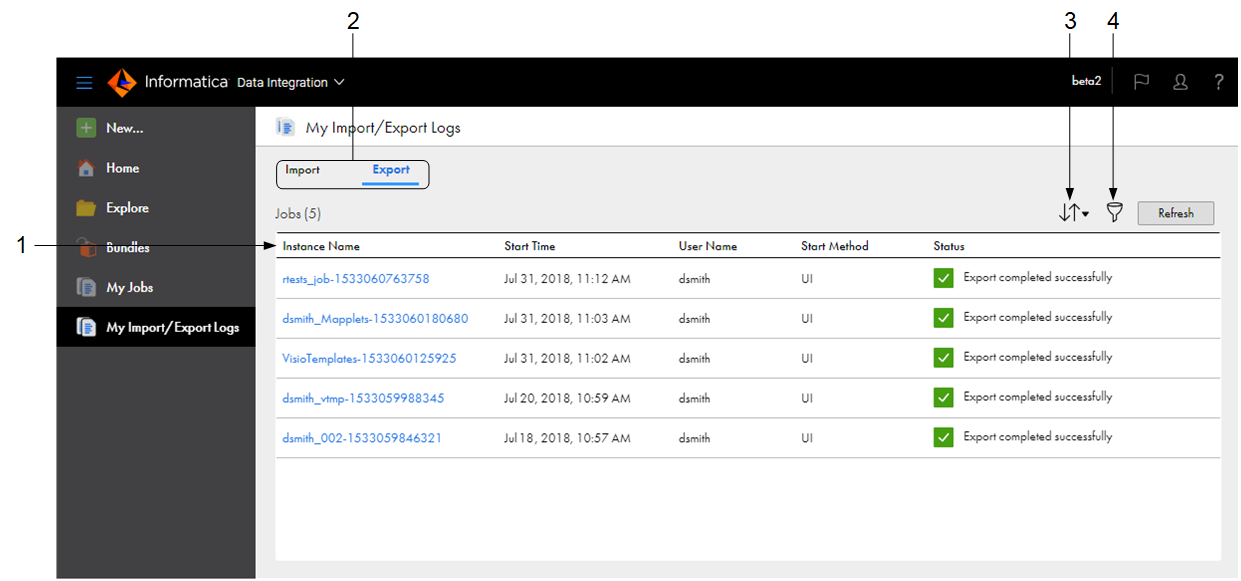 By default, the My Import/Export Logs page shows the following properties for each import or export instance: Instance Name, Start Time, User Name, Start Method, and Status. The Import and Export tabs at the top of the page allow you to switch between import and export logs.