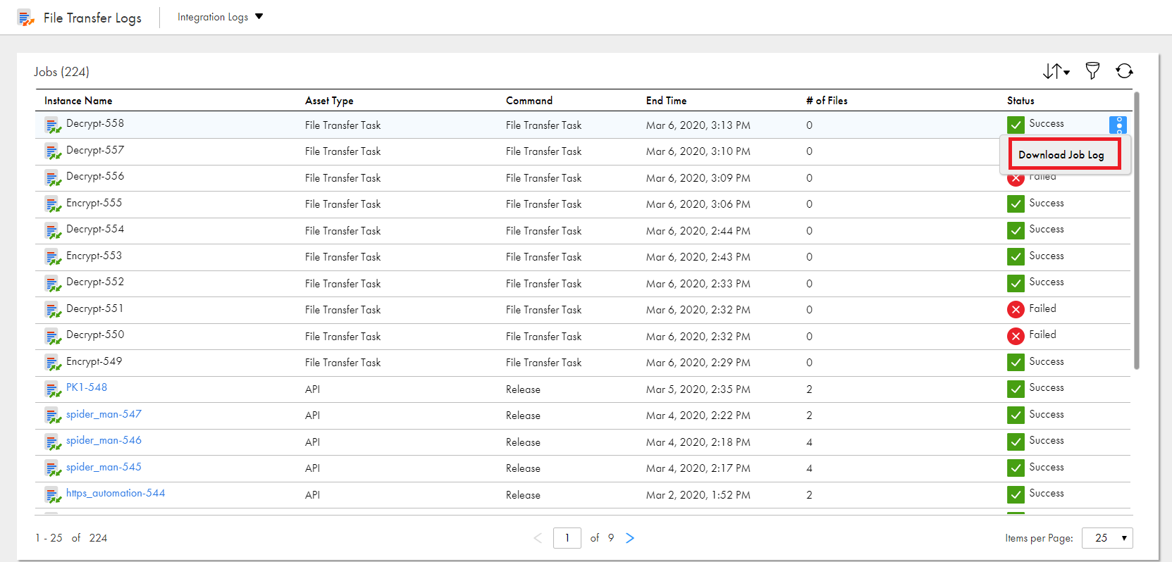 Select Download File Log option in the Actions menu to download the logs for a file transfer task command