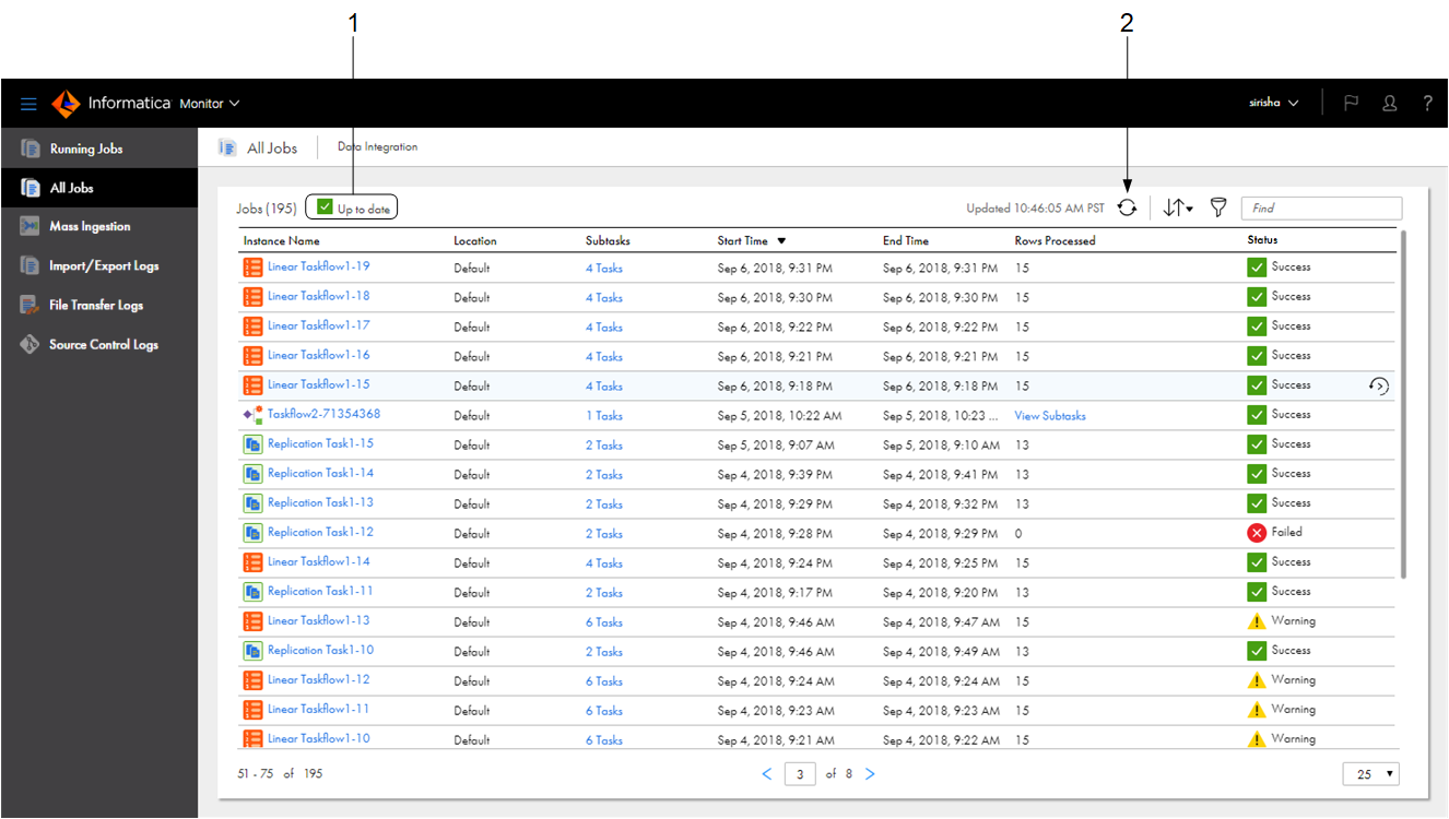 In this image, the All Jobs page lists the Data Integration jobs for the organization. By default, the page lists the instance name, location, subtasks, start time, end time, number of rows processed, and status for each job. The status message at the top of the page indicates that the information on the page is up-to-date.