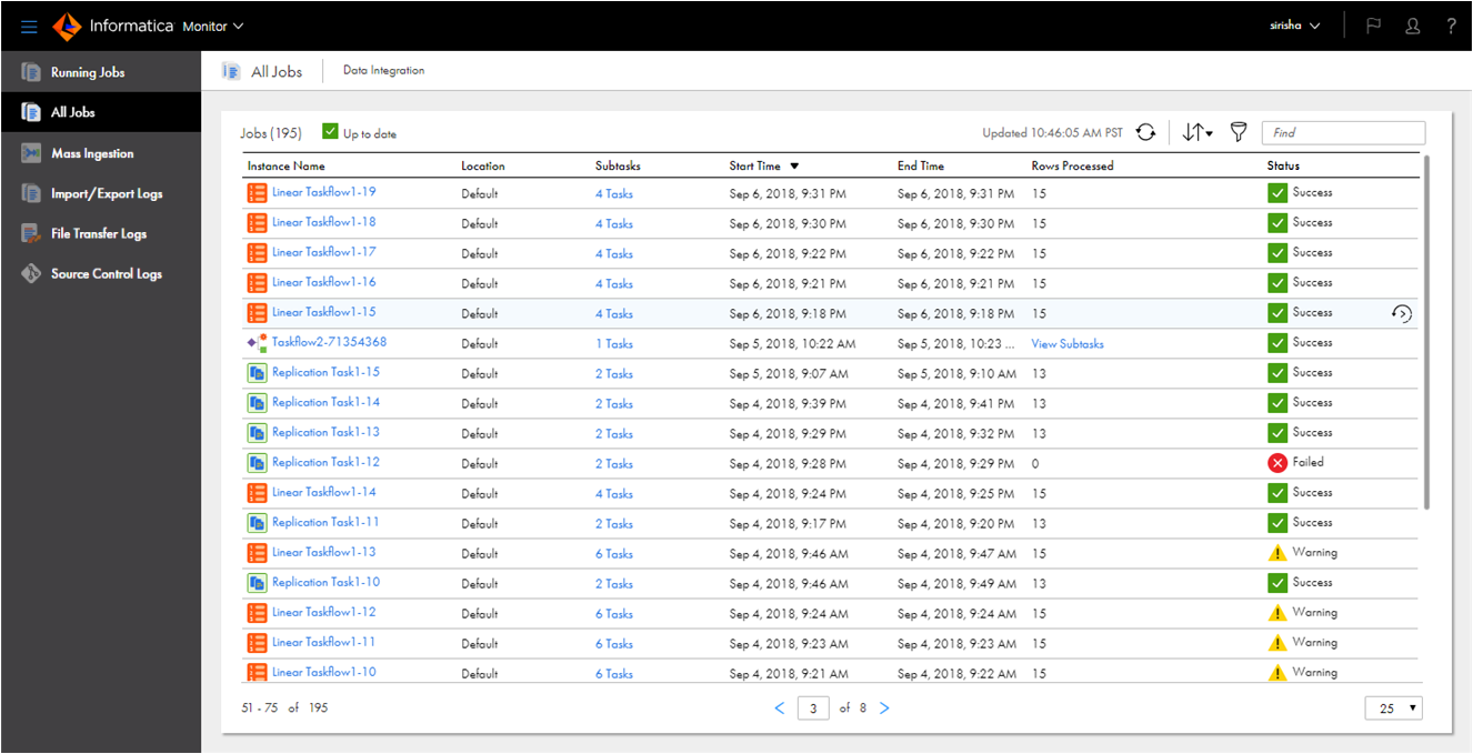 For mapping, task, and taskflow instances, the All Jobs page displays the following properties for each job: Instance Name, Location, Subtasks, Start Time, End Time, Rows Processed, and Status.