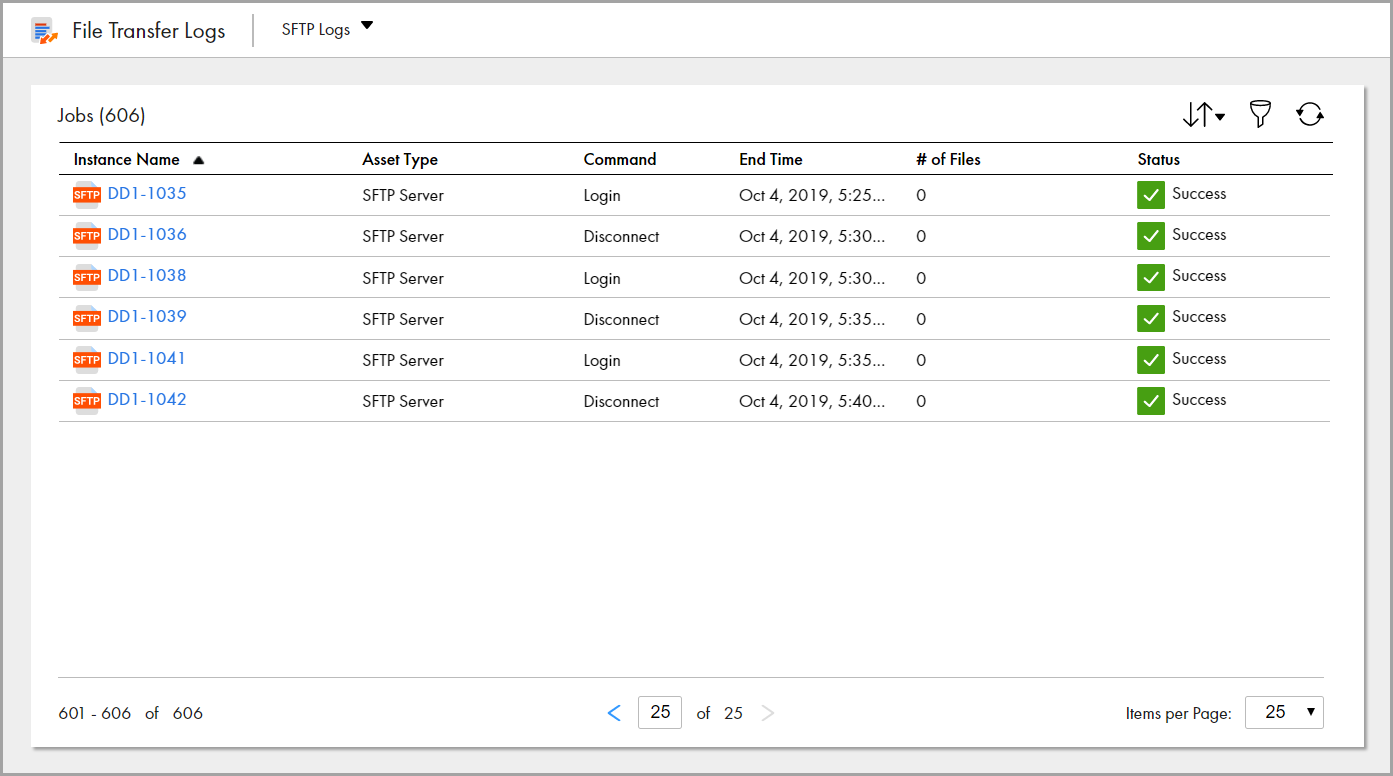 The File Transfer Logs page shows multiple SFTP file transfer logs. For each log, the page shows the instance name, the asset type, the command type, the date and time that the action executed by the command ended, the number of files included in the action, and the status of the action.