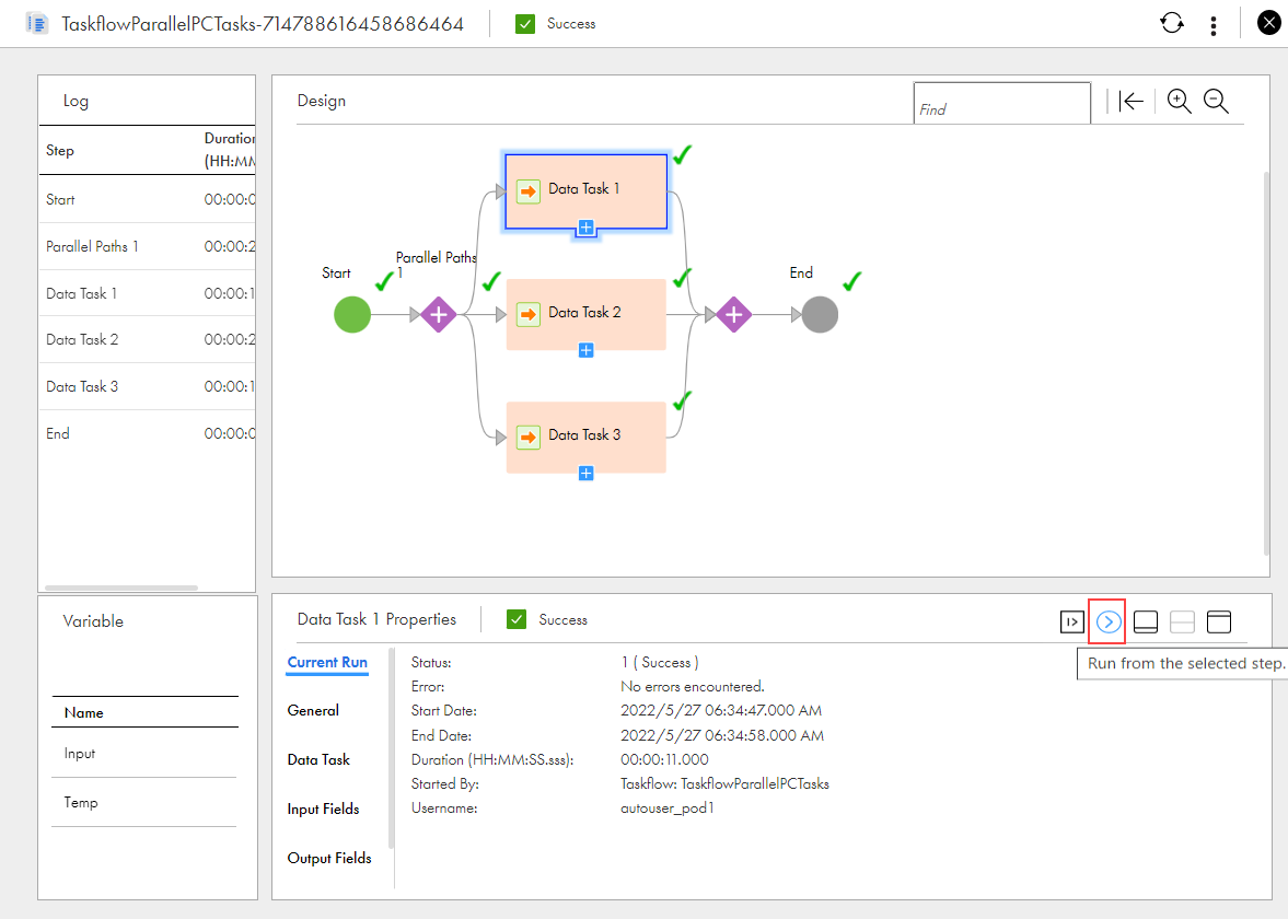 The image shows the Run from the selected step icon to run the taskflow instance from the selected Data Task step.