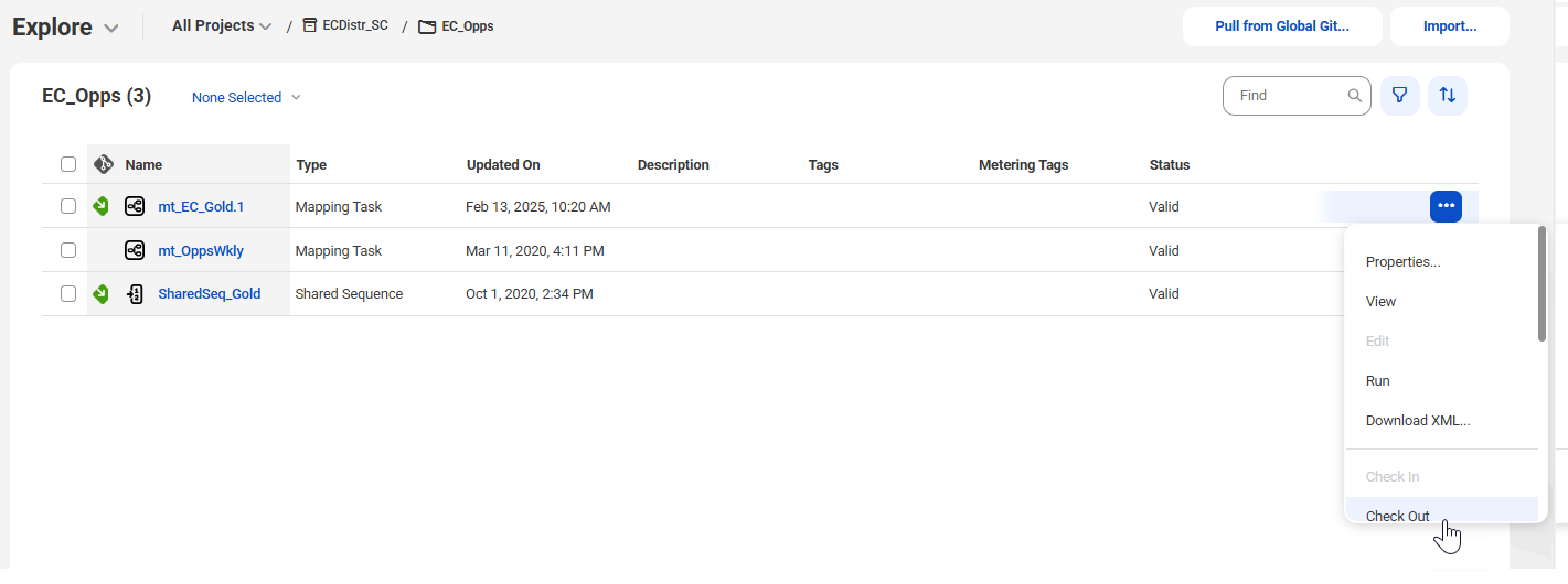On the Explore page, the Action menu is open for the mt_EC-_Gold.1 mapping task. The Action menu lists several possible actions, including the Check Out action.