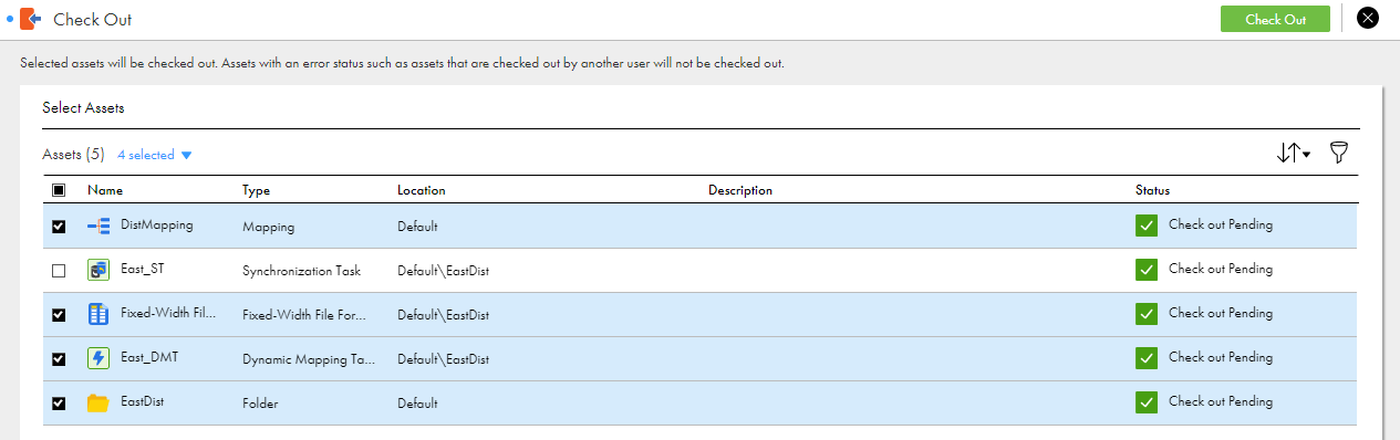 The Check Out preview page shows an EastDist folder and the assets contained in the EastDist folder, and the DistMapping asset that is in the Default folder. All of the objects are selected except for the East_ST asset. The Status column shows that the check out will be successful for each object.