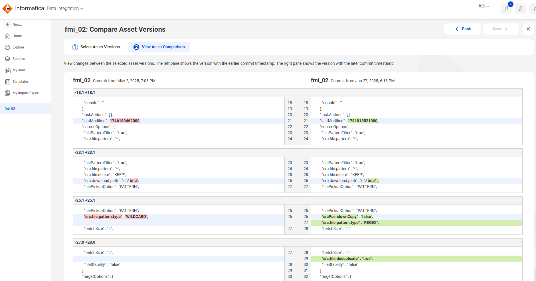 The Compare Asset Versions page shows two versions of a data ingestion and replication task in text format: a version of the asset that was committed on February 19, 2025 and the June 27, 2025 version. The changes are highlighted in the June 27, 2025 asset version.