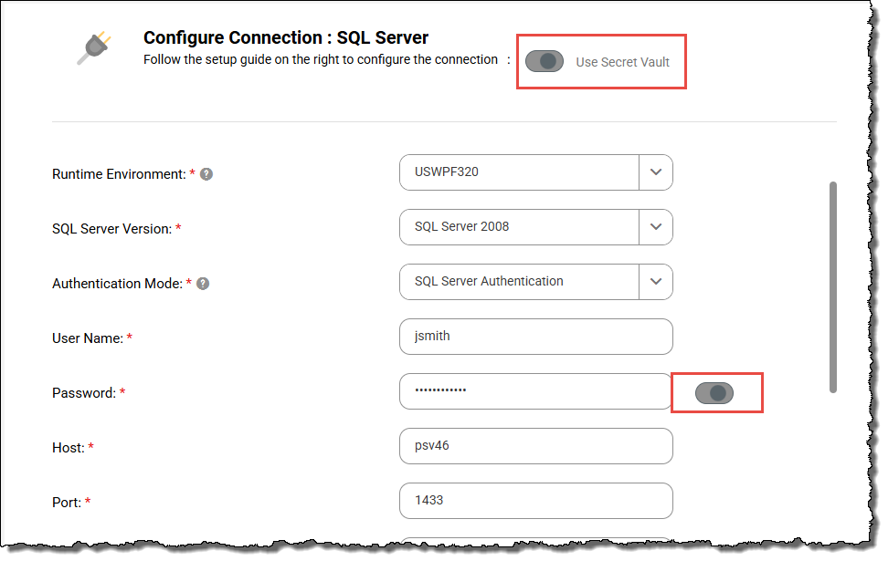 この画像は、SQL Server接続の接続の詳細を示しています。［SQL Server接続プロパティ］領域で、［シークレットコンテナの使用］オプションが有効になっています。また、［パスワード］フィールドの横のオプションが有効になっており、［パスワード］フィールドは一連のドットでマスクされています。