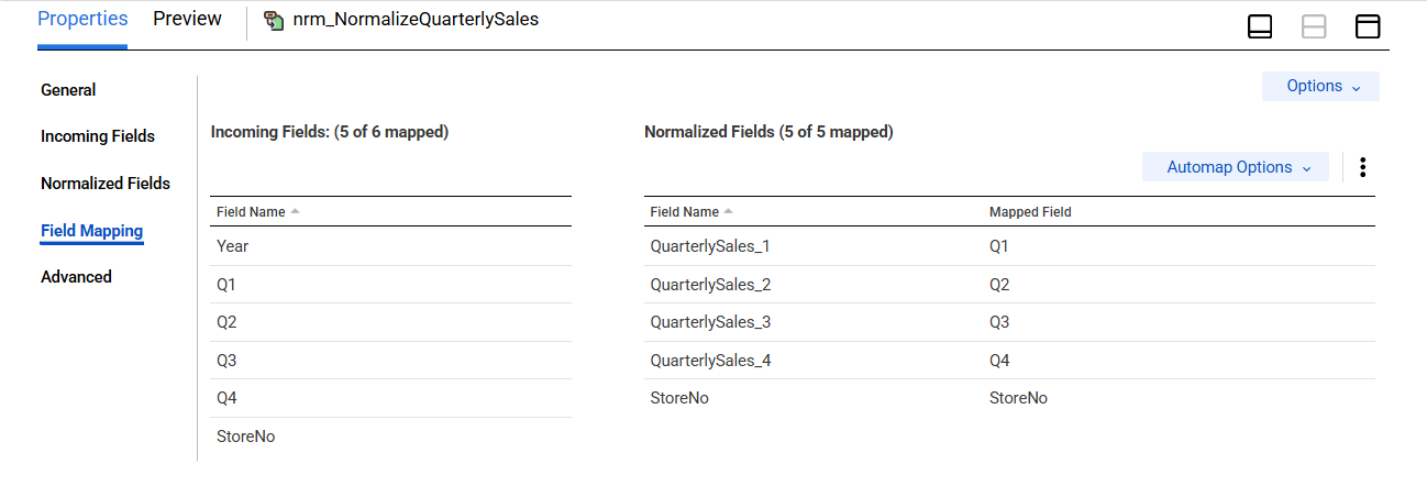 ［フィールドマッピング］タブに、Q1とQuarterlySales_1、Q2とQuarterlySales_2、Q3とQuarterlySales_3、Q4とQuarterlySales_4、およびStoreNoとStoreNoのように接続されたソースフィールドと正規化されたフィールドが表示されています。