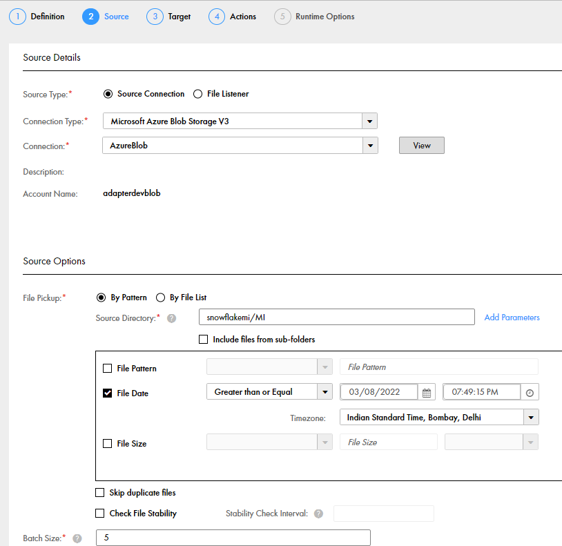 一括取り込みタスクの［Microsoft Azure Blob Storageソース］タブで、設定されている詳細を確認できます。
