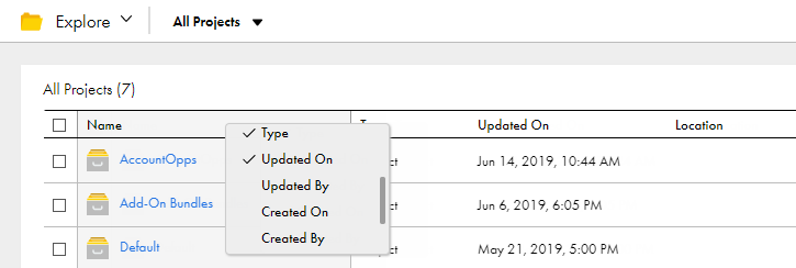The properties menu lists object properties to display on the Explore page. Properties currently displayed have check marks to the left of the property name. Type and Updated On are checked to appear on the Explore page. Updated By and Created On are not checked so they do not appear.