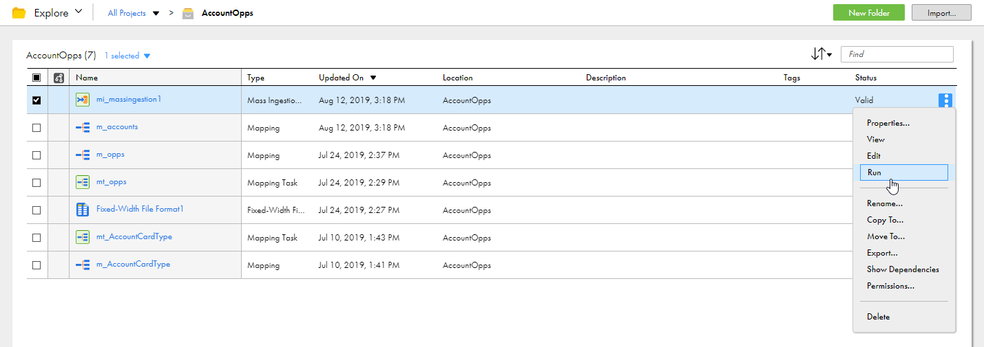 A mapping is highlighted on the Explore page and the Actions menu for the mapping displays a list of options such as View, Edit, Run, and Rename.