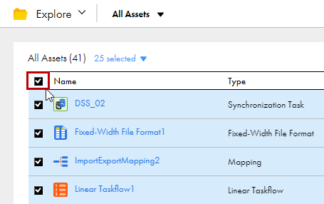 The Select All check box is to the left of the Name column label on the Explore page. All of the assets on the page are selected.