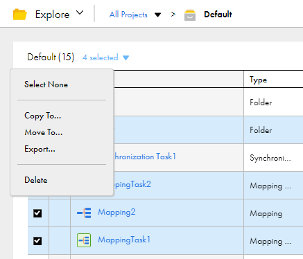 The selection menu link displays the number of objects selected and the selection menu lists the options you can perform on the selected objects such as Select None, Copy To, Move To, Export, and Delete.