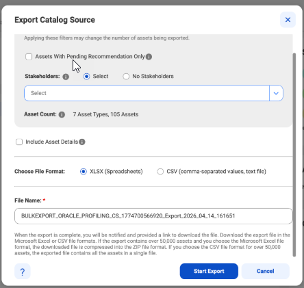 The Export Catalog Source dialog box for when you select Export All Assets. You can apply additional filters, choose to export different asset details and relationships, and provide a name to the export file.