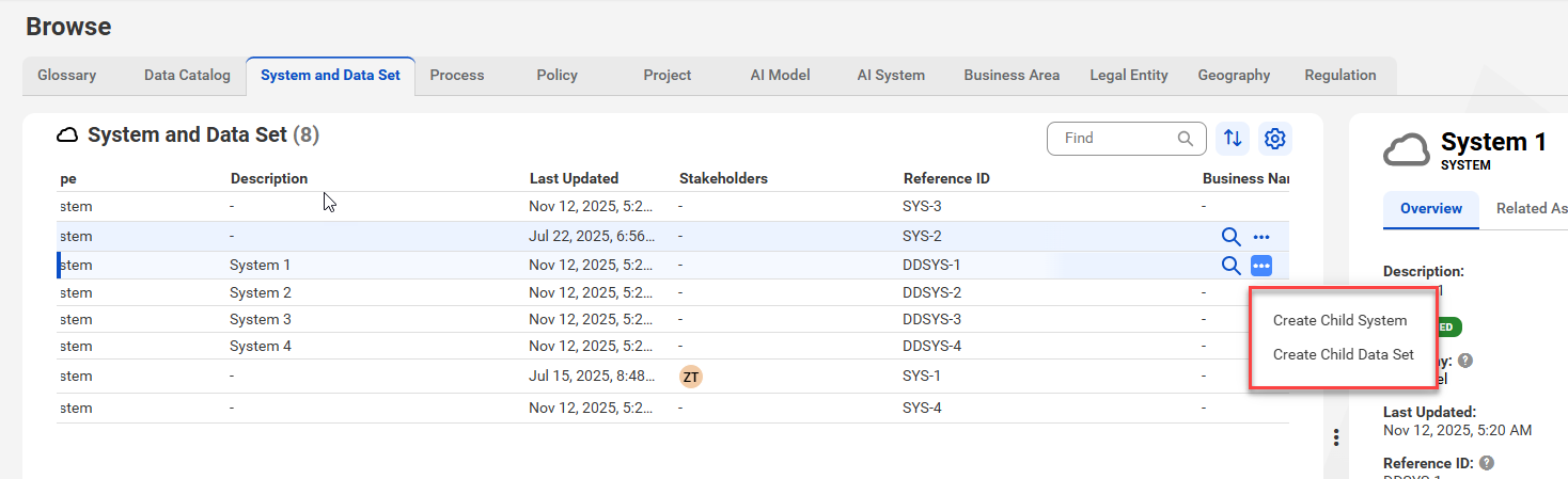 The System and Data Set tab on the Browse page with child assets expanded for one system asset.