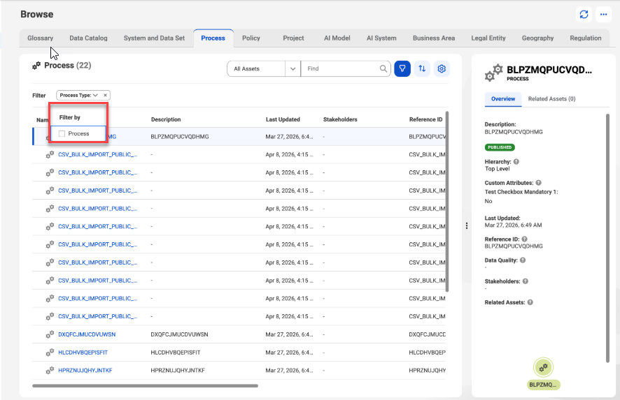 The Process tab shows sections such as Name, Description, Last Updated, Stakeholders, and Reference ID. The Process Type filter with option Process is highlighted.