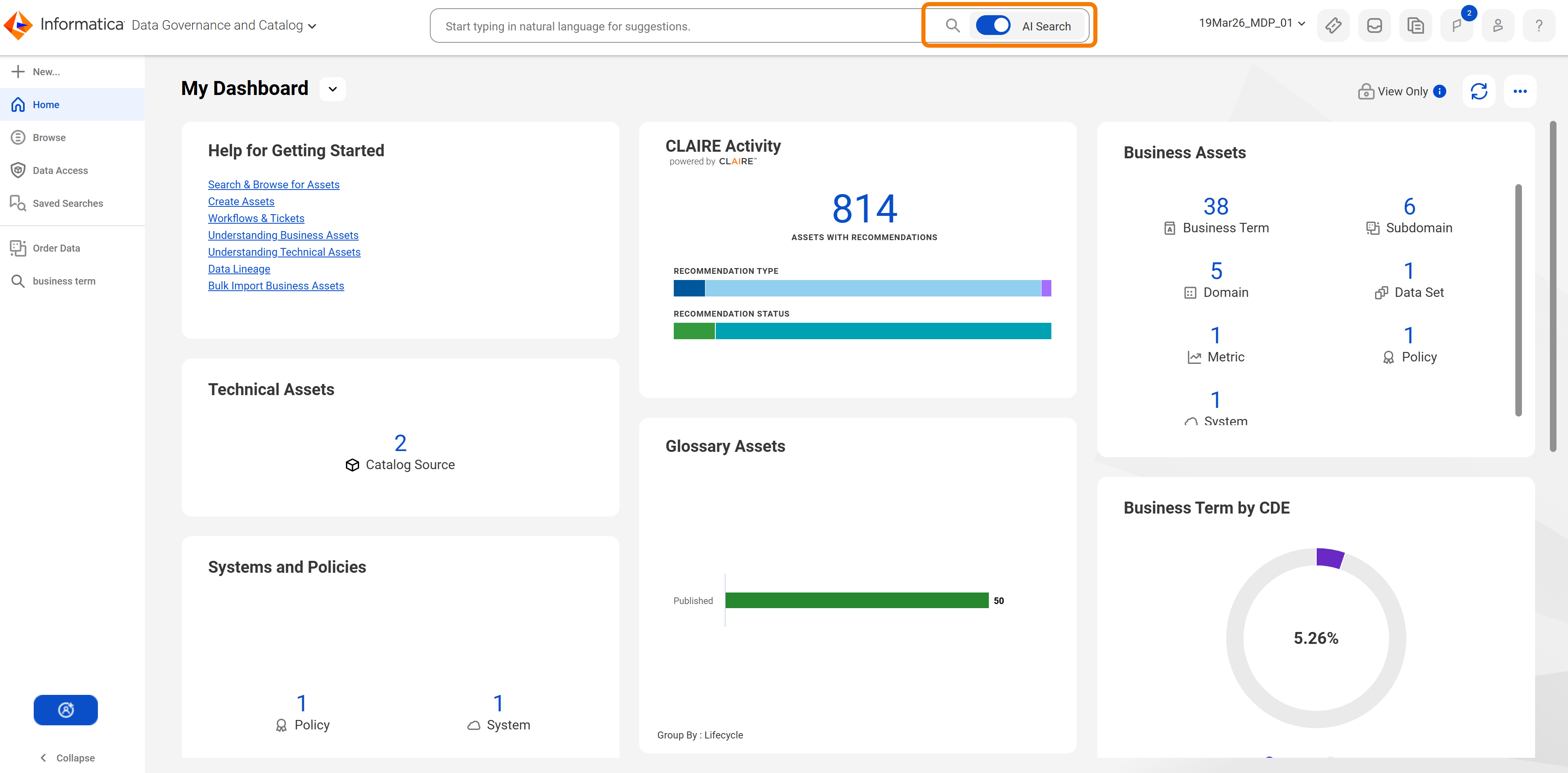 AI Search toggle at the top of the Data Governance and Catalog home page.