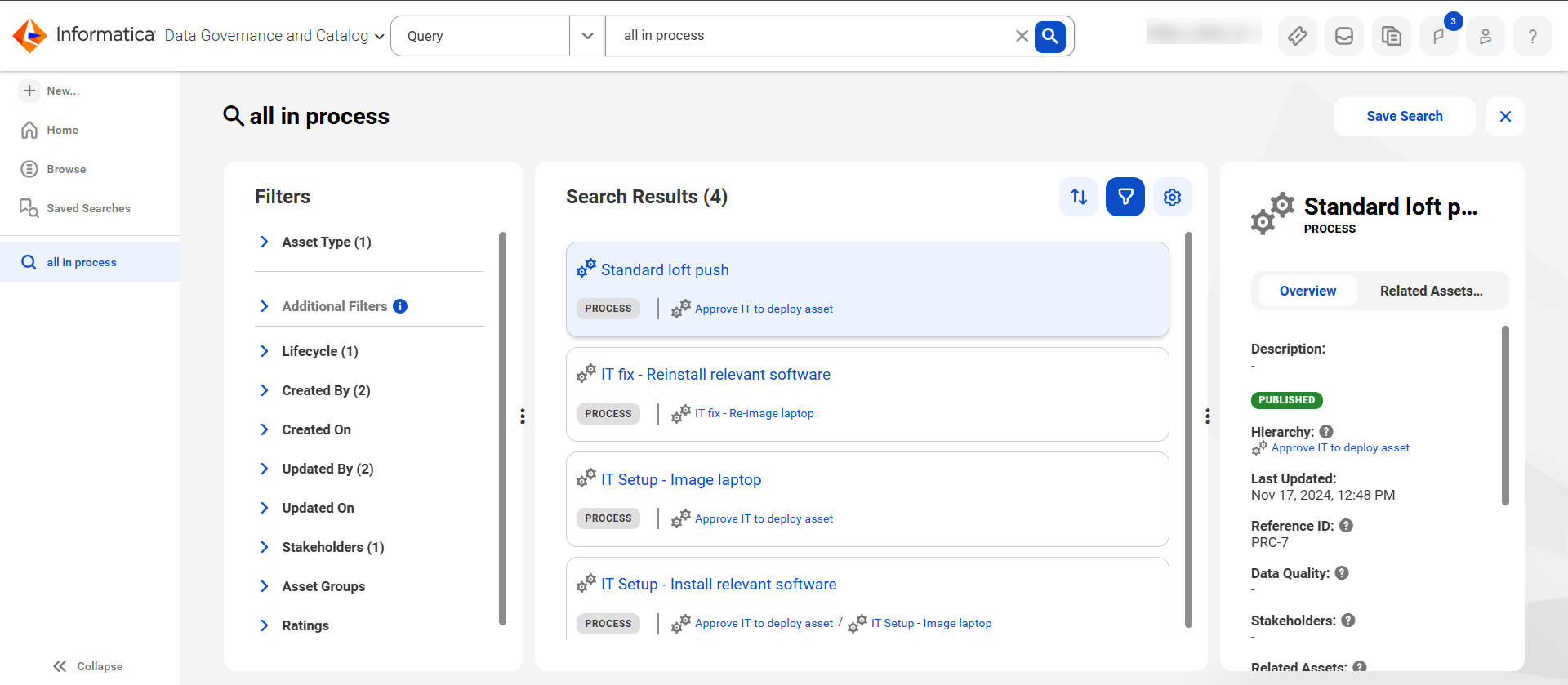 Image depicting the results of query used to search for all the process assets in the catalog.