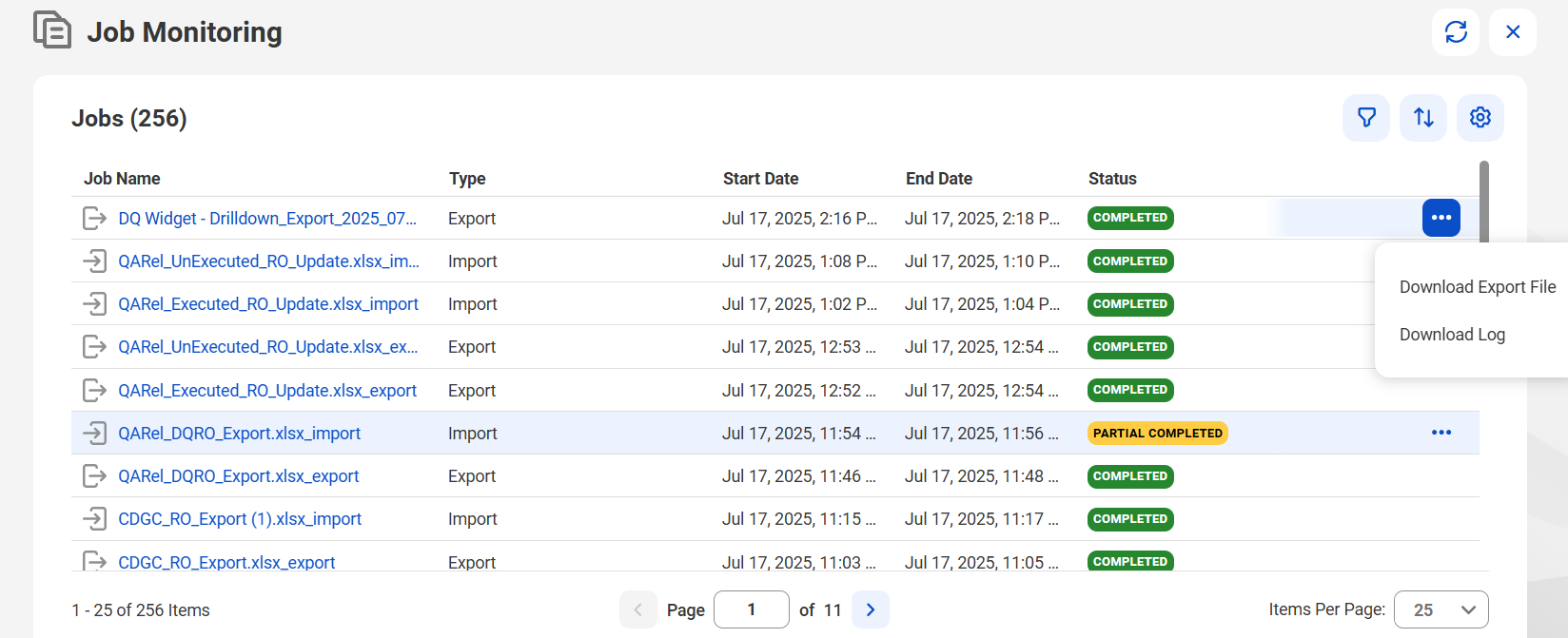 The action menu for a job. The menu displays two options that allow you to download the export file and to download the log file.