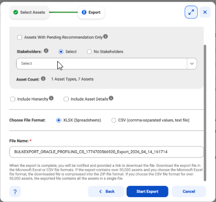 Step two of the export dialog box for when you select Export Specific Assets. You can apply additional filters, choose to export different asset details and relationships, and provide a name to the export file.