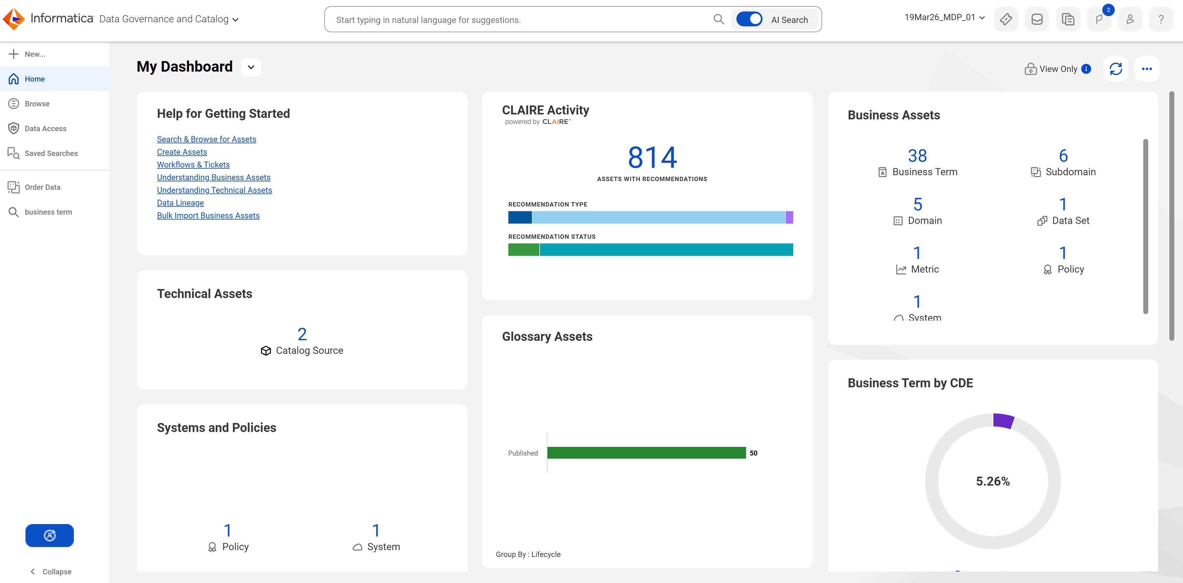 Search bar in Data Governance and Catalog.
