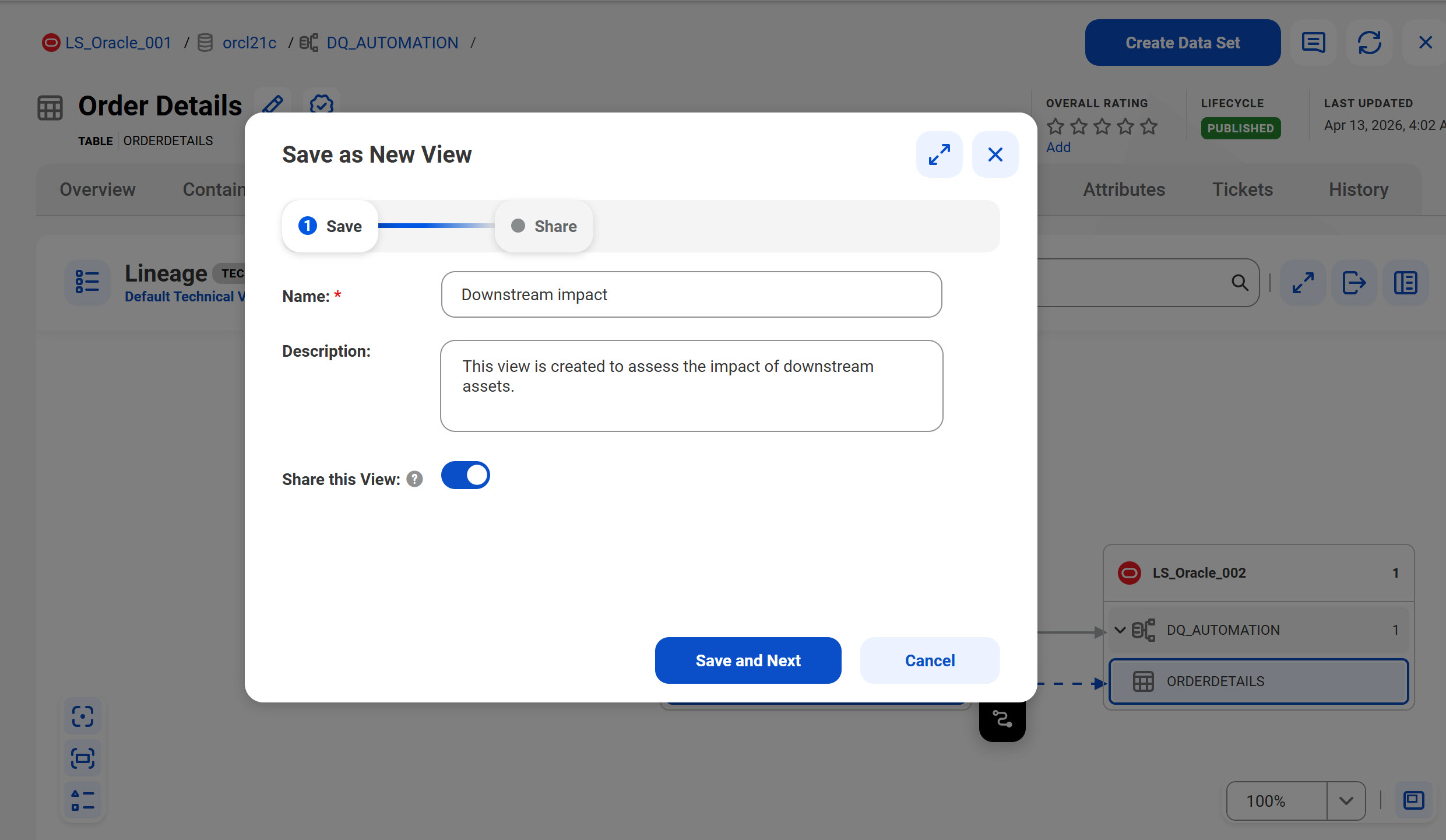 The dialog box for saving a lineage view as a new view. The dialog box displays fields such as name, description, and a toggle for sharing the view.