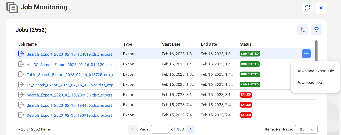 Image depicting the Job Monitoring page with the Download Log and Download Export File options for the selected job.