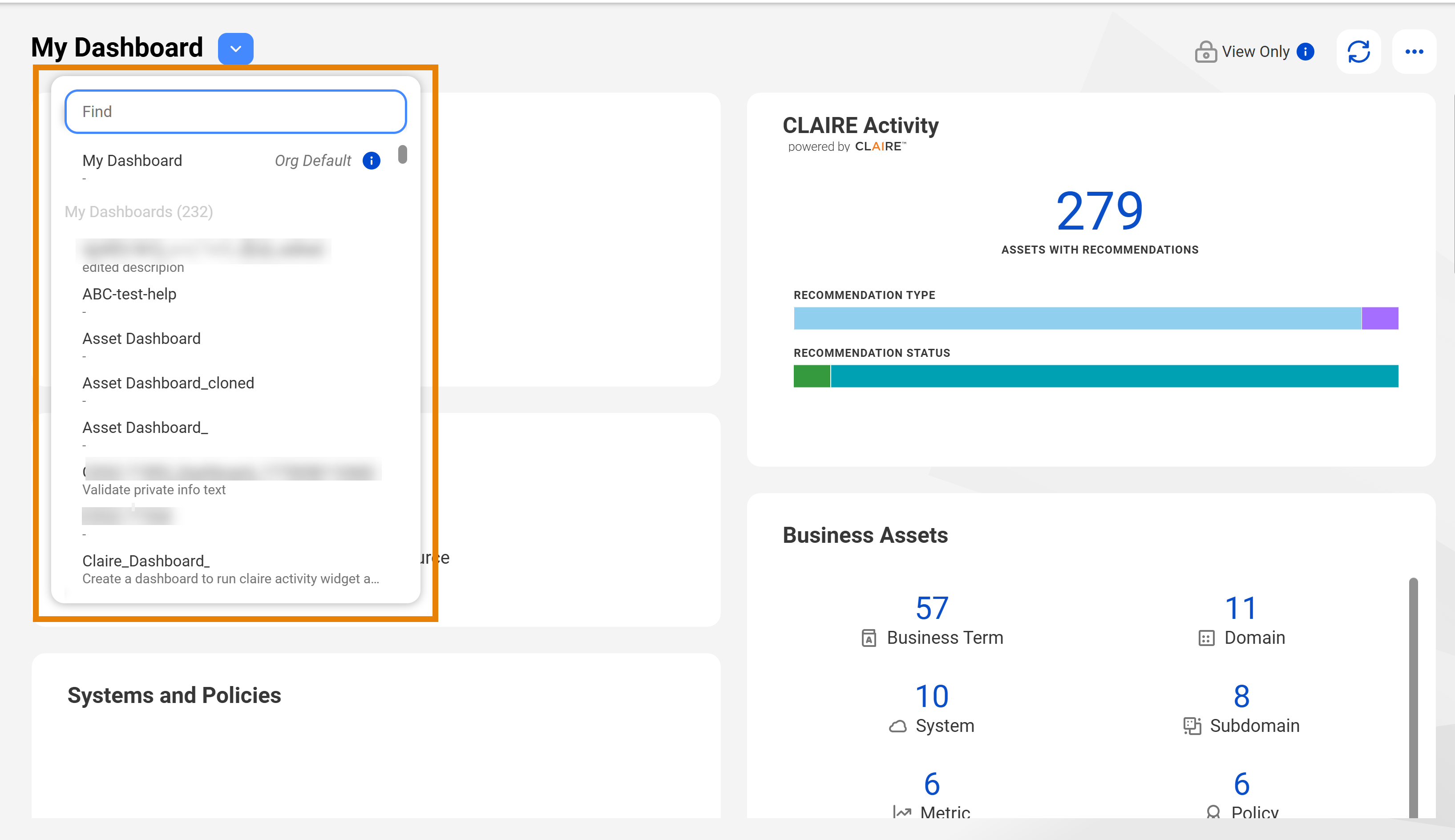 My Dashboard is the org-default dashboard. The dashboard menu is open.