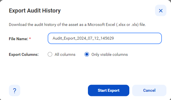 Image depicting the Export Audit History dialog box.