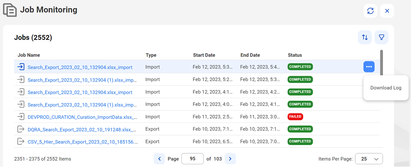 Image depicting the Job Monitoring page with the Download Log option for the selected job.