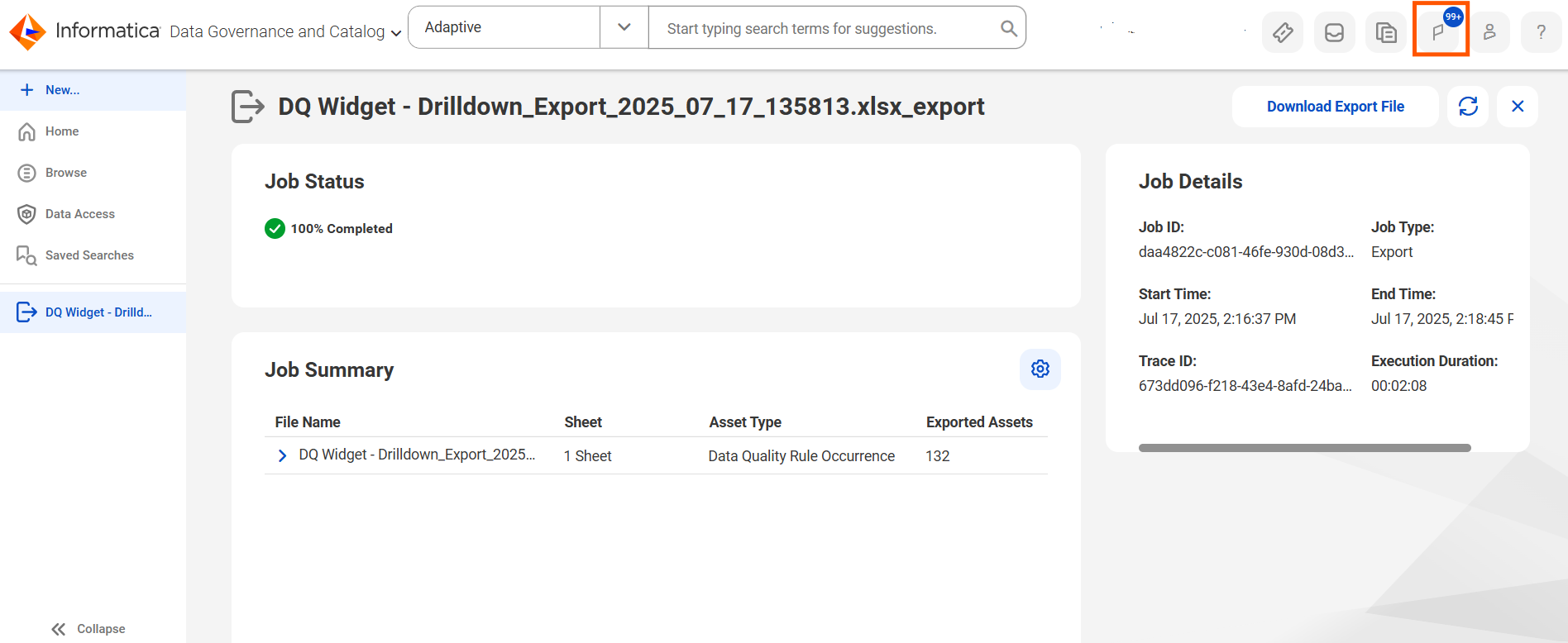 Click Start Export to export the selected assets from the widget.