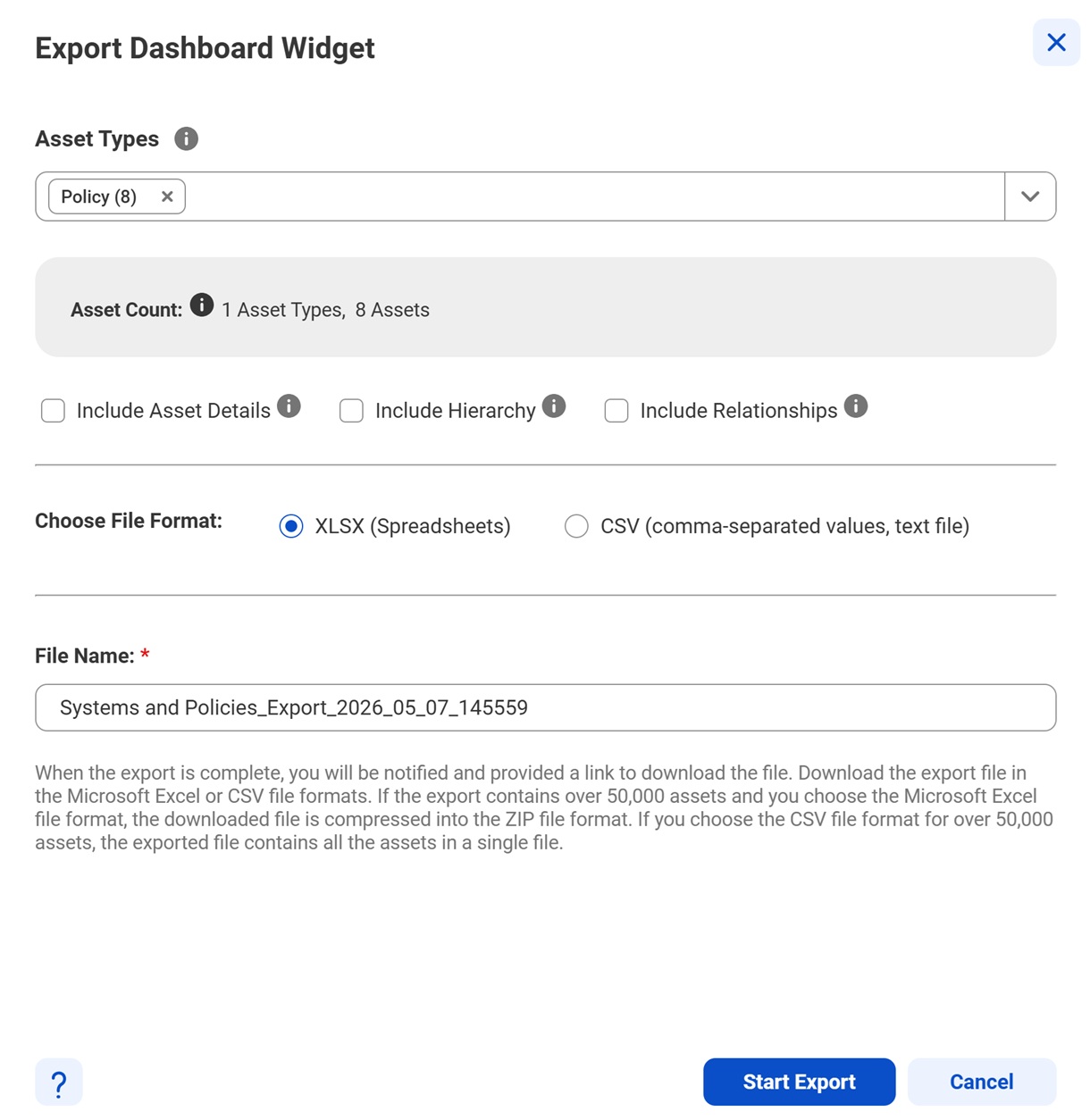You can apply additional filters, choose to export different asset details and relationships, and provide a name to the export file.