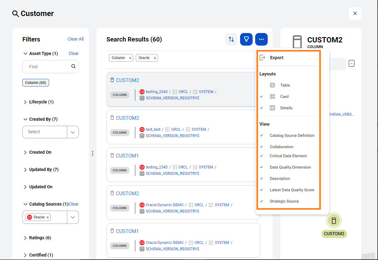 Image depicting the export, layouts, and view you can select on the Search Results page.