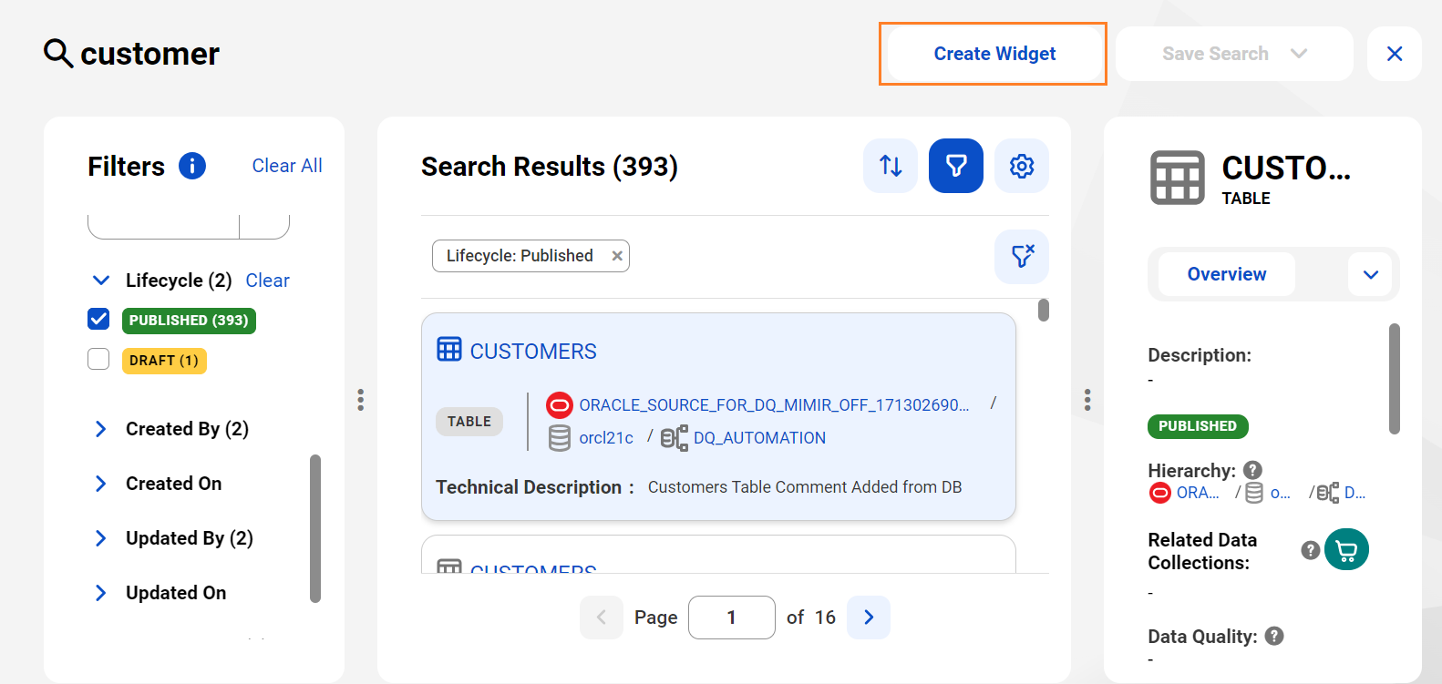 Image depicting Create Widget option enabled on the search page.