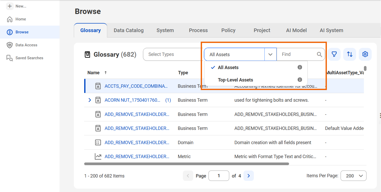 The filters menu for the Find field displays the options 'All Assets' and 'Top-Level Assets.' The 'All Assets' option is selected.