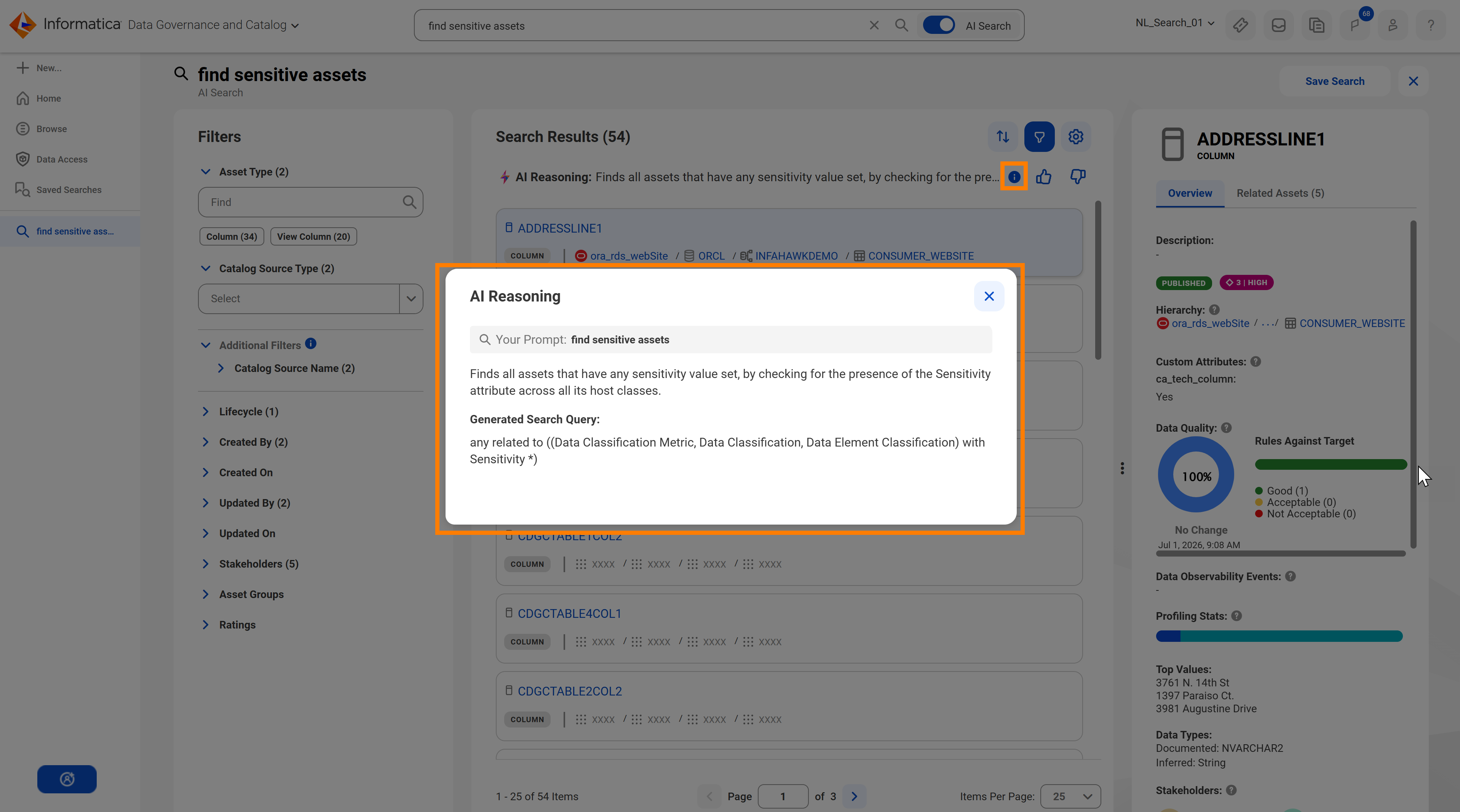 The AI Reasoning dialog box with your prompt and generated search query details.