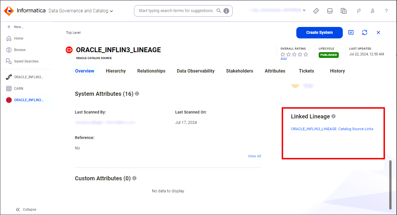Image of the Overview tab of a catalog source with the Linked Lineage section highlighted.