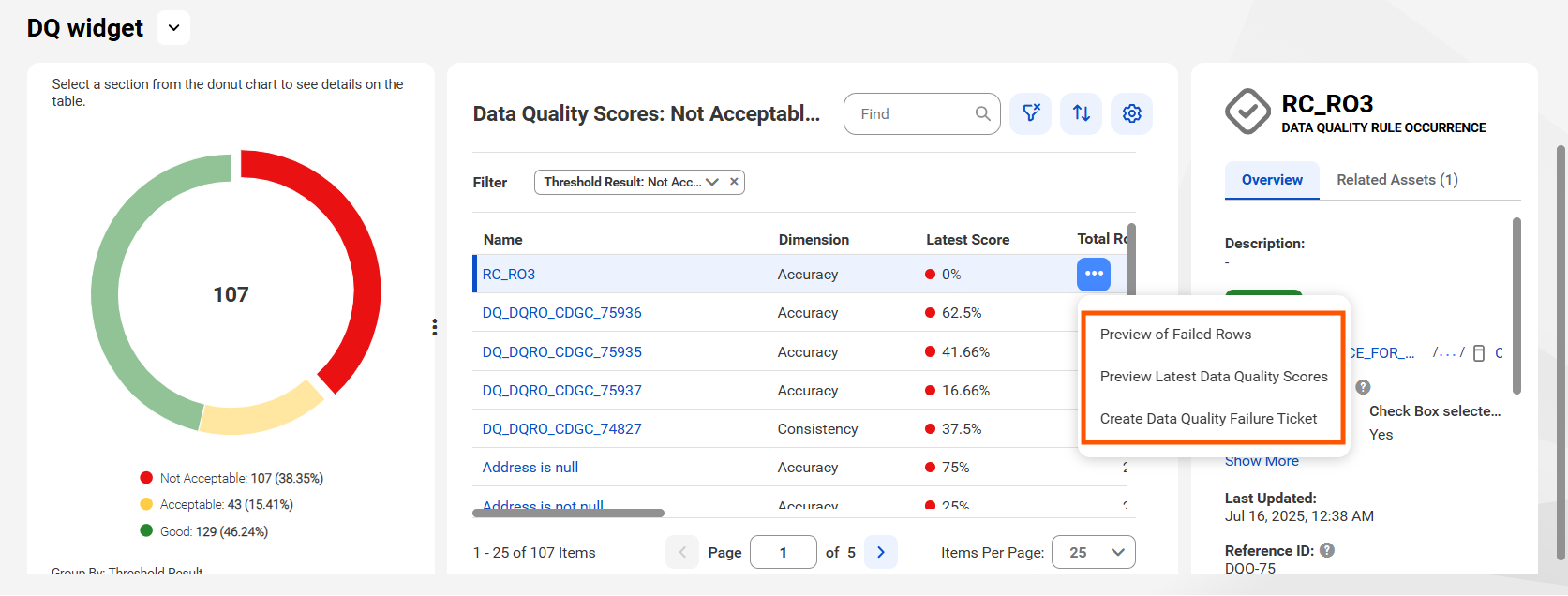 The options in the Action menu next to a data quality score.