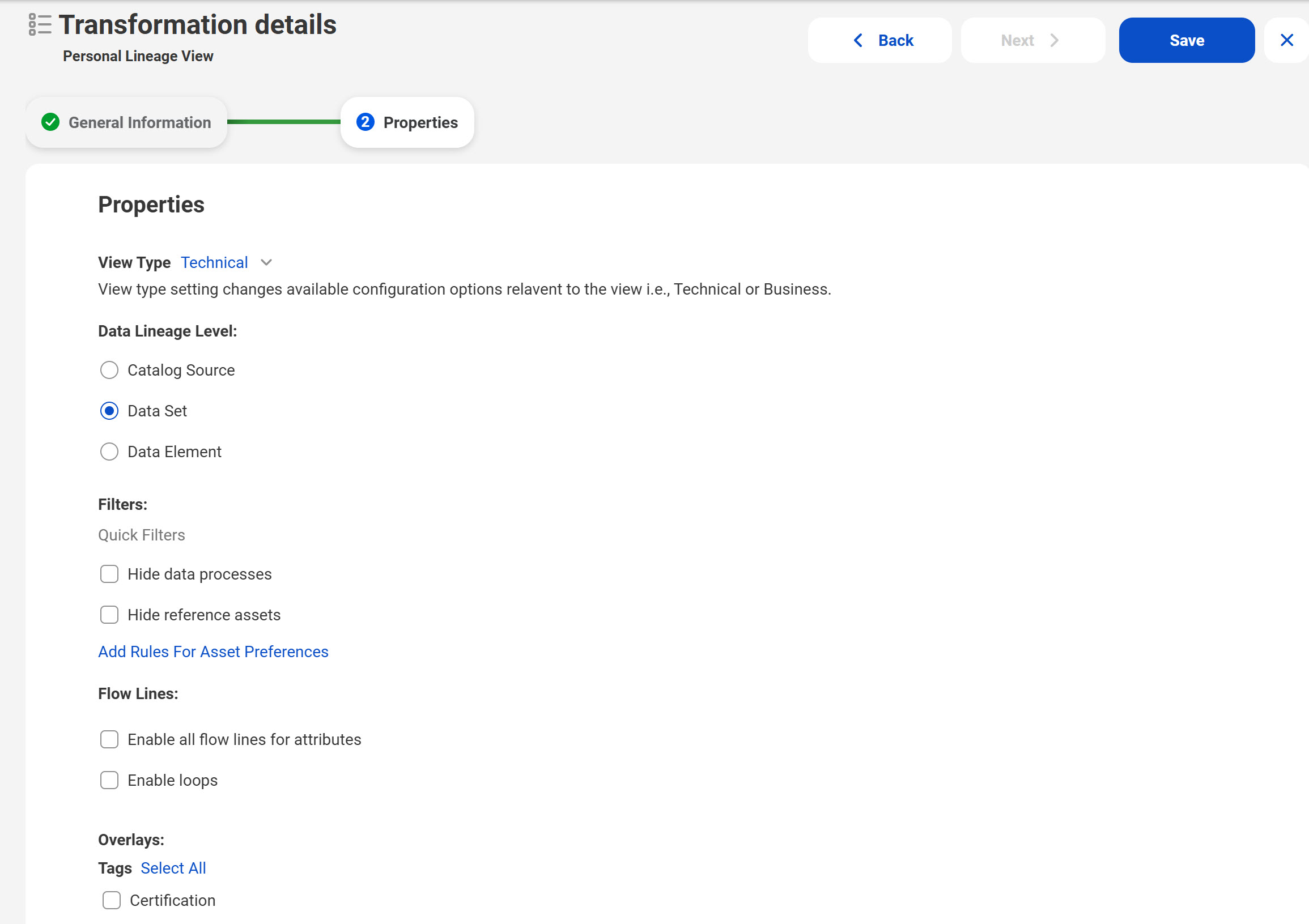 The 'Create View' page displaying the tab for entering the lineage configuration properties.