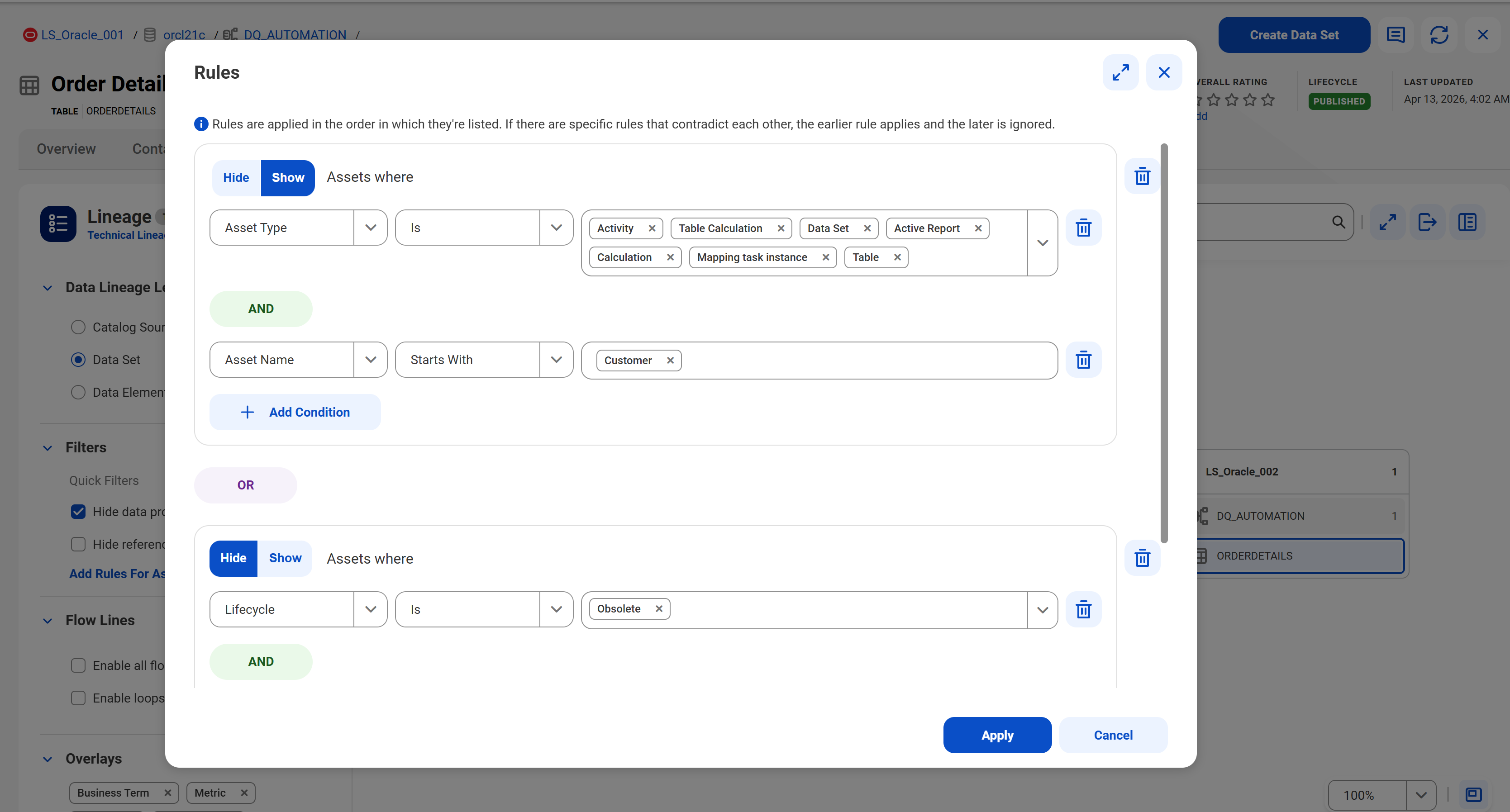 The rule builder dialog box that displays sample rules to hide and show assets in the lineage based on asset type, asset name and lifecycle criteria.