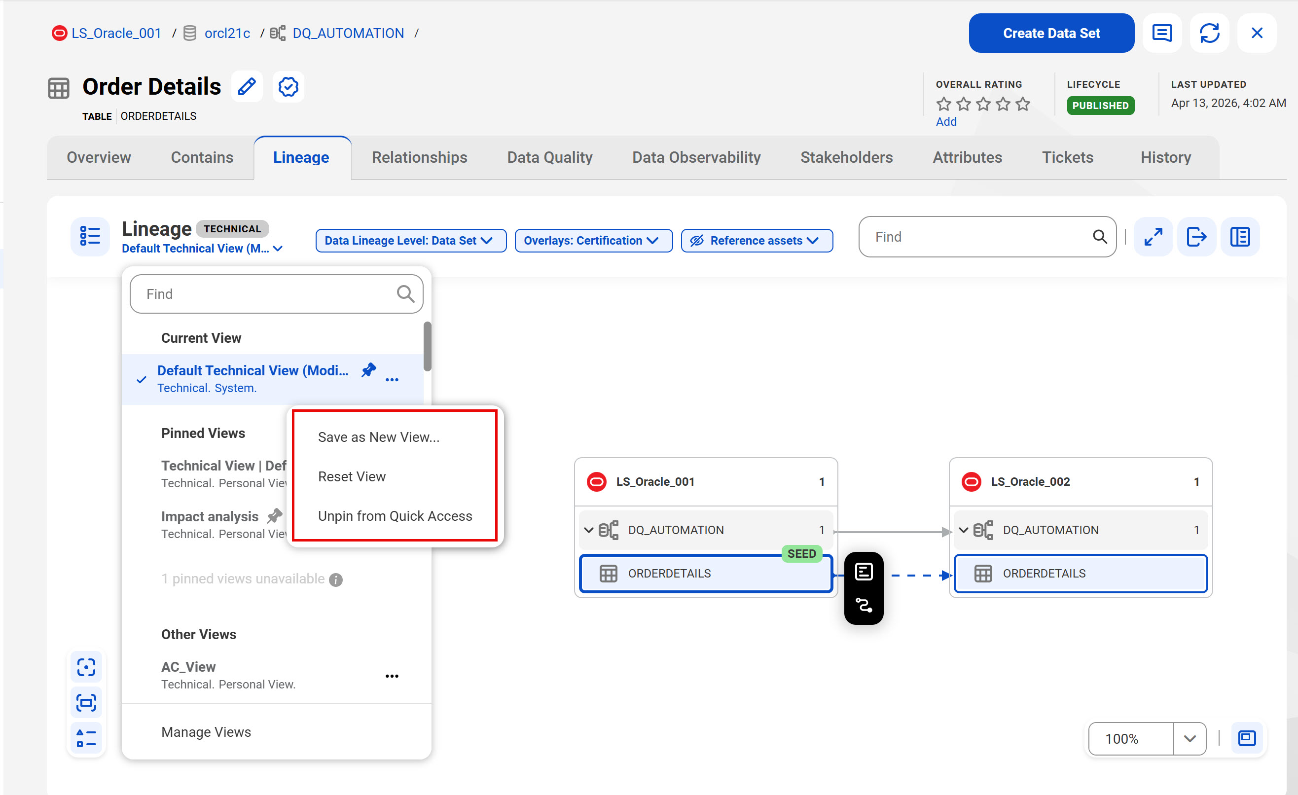 The Lineage views list highlighting the action menu for the selected view from the list. The action menu shows the 'Save as New View...', 'Reset View', and 'Unpin from Quick Access' options.