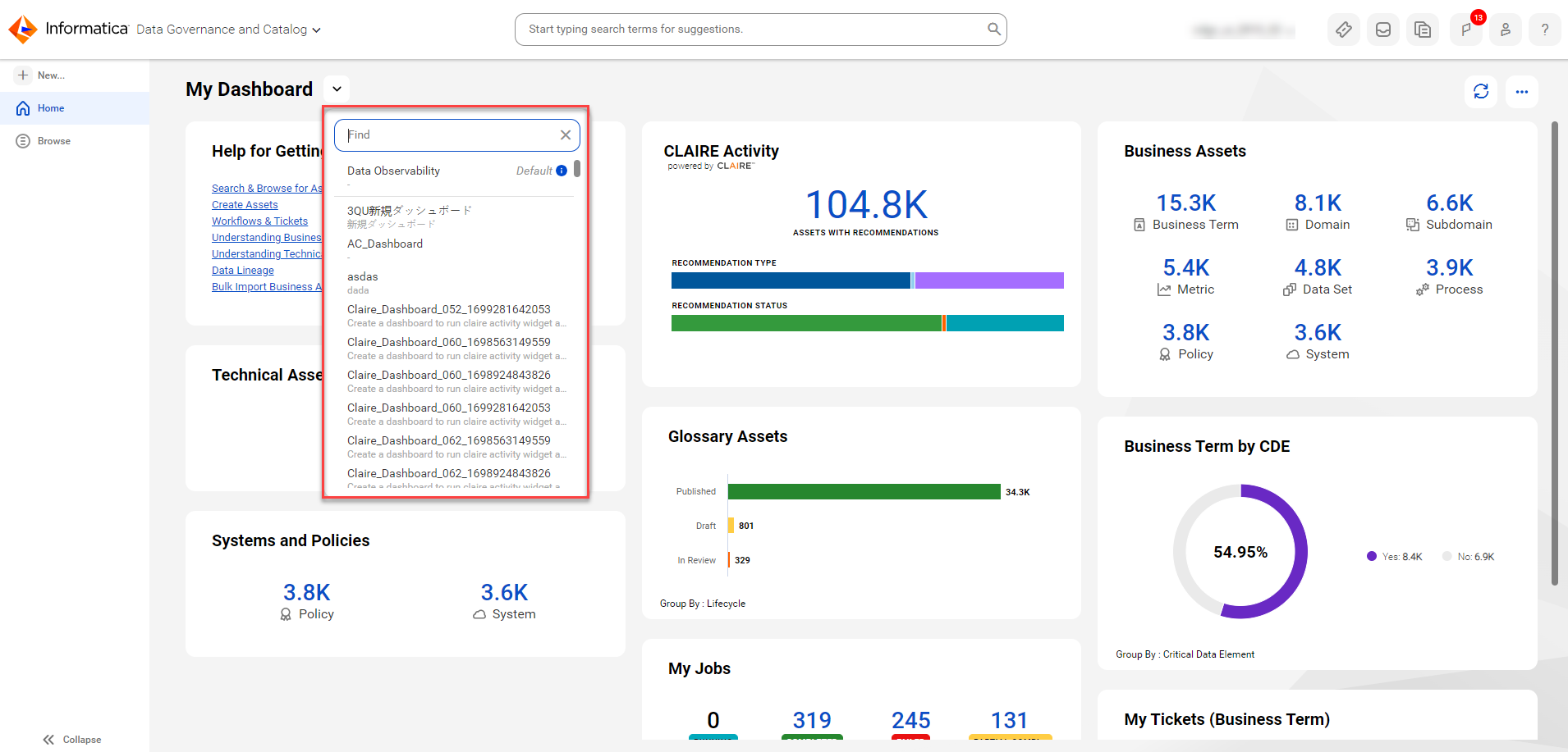 Image depicting the list of dashboards on the home page.