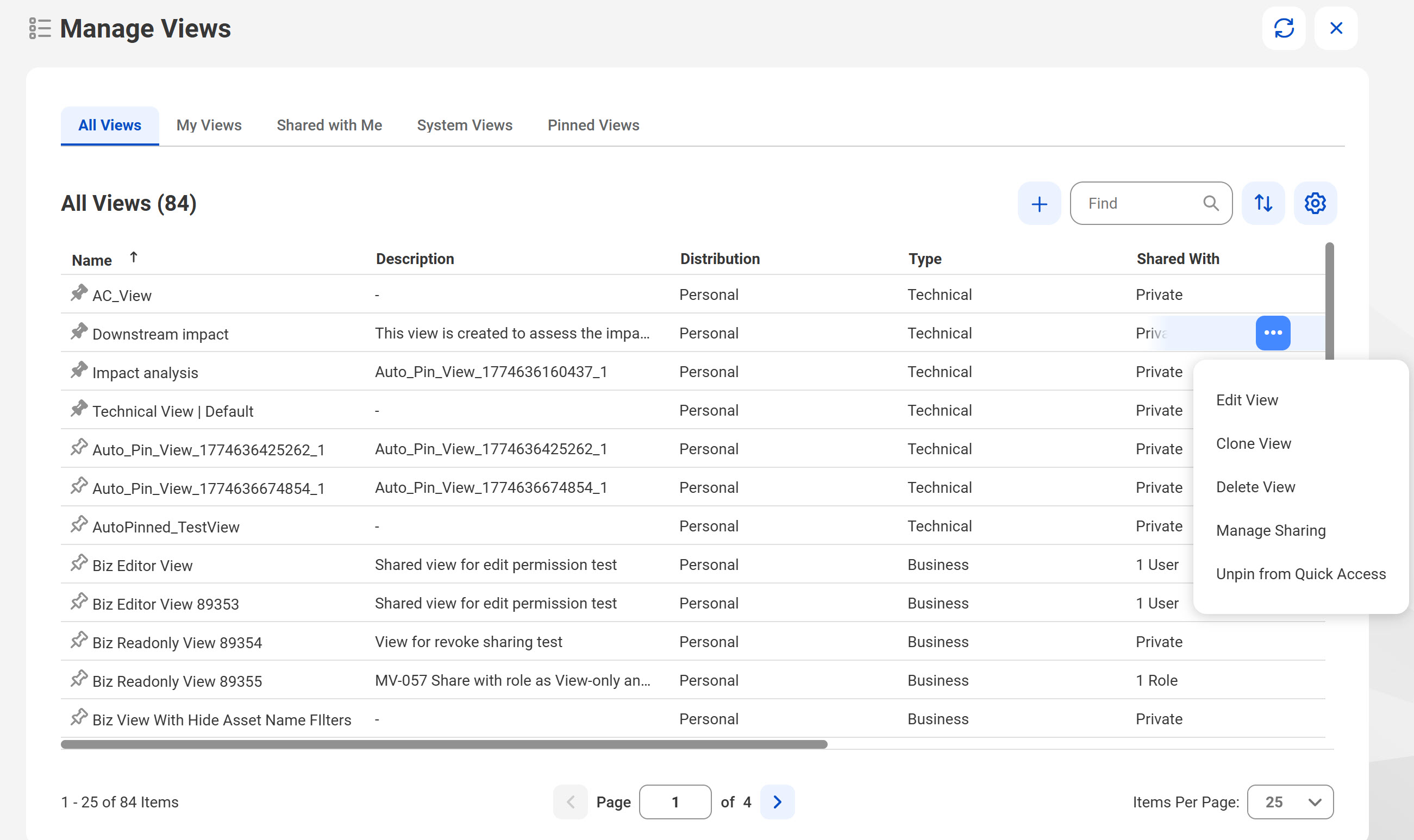 The Manage Views page displaying all lineage views in the 'All Views' tab. The other tabs on the page include 'My Views', 'Shared with Me', 'System Views' and 'Pinned Views'. The action menu for a selected view displays the edit, clone, delete, manage sharing, and unpin options for the view.
