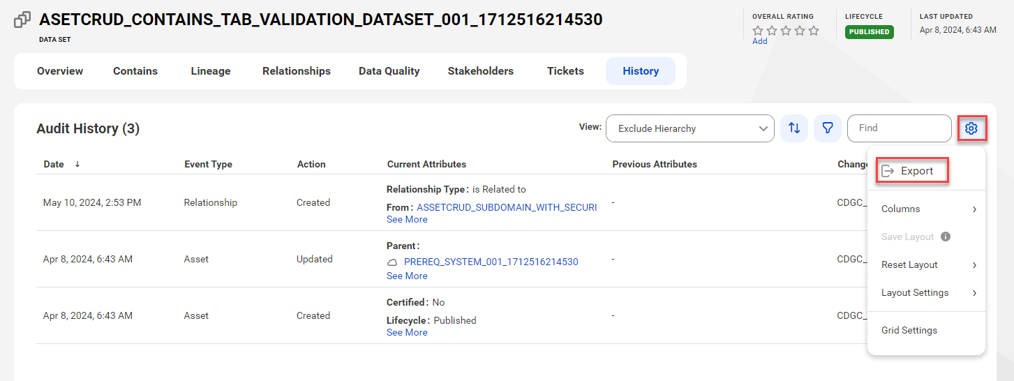 Image depicting the Export option in the audit history of a specific asset.