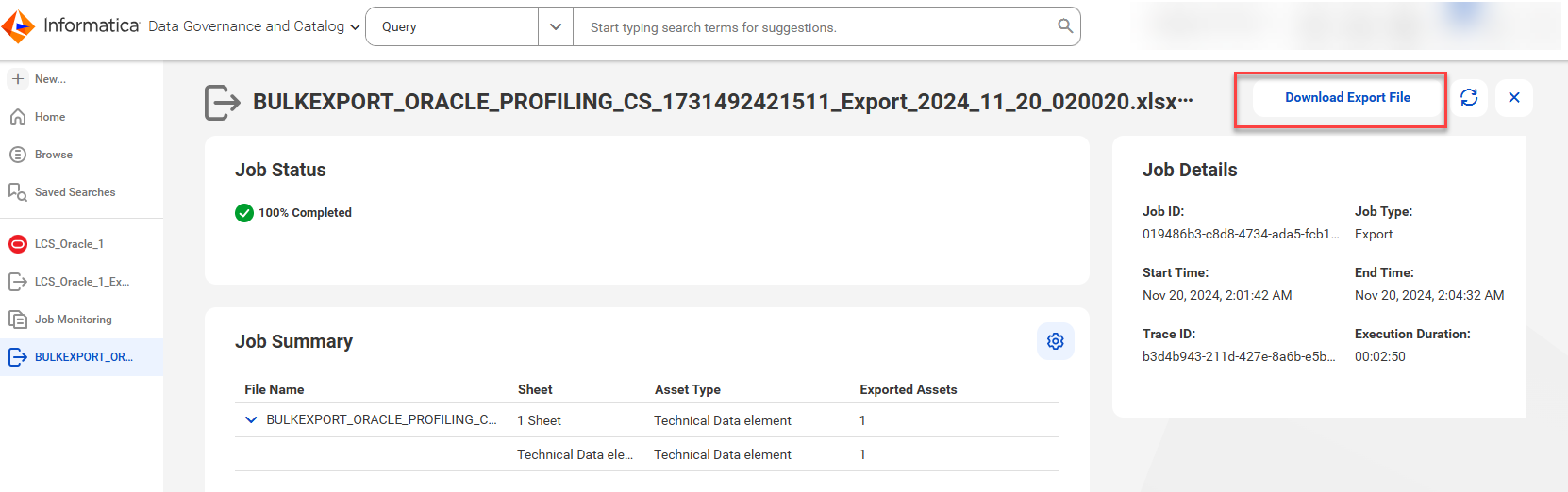 The image depicts the Download Export File option on the Job Status panel.