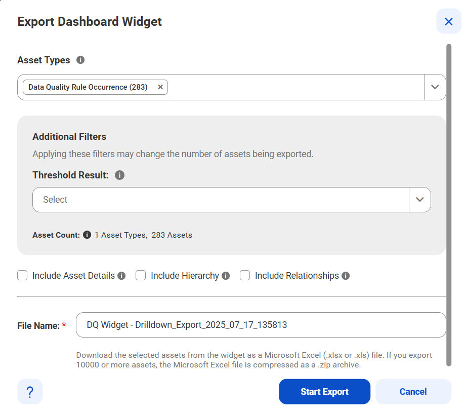 The Export Dashboard Widget dialog box. You can apply additional filters, choose to export different asset details and relationships, and provide a name to the export file.