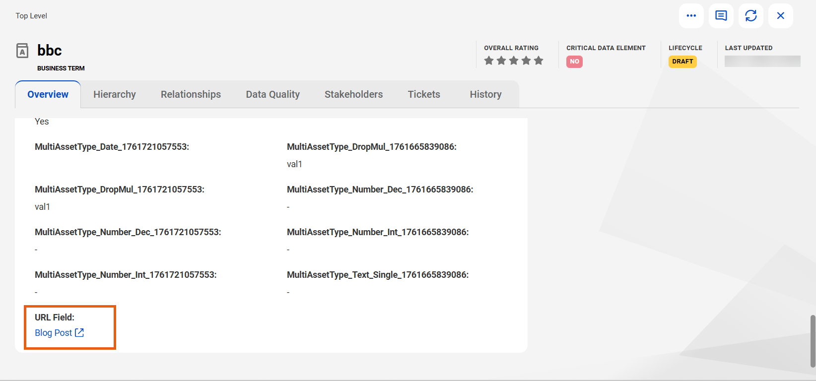 The 'Overview' tab for a business term Data Governance and Catalog. The 'URL Field' attribute is highlighted and shows a hyperlinked label.